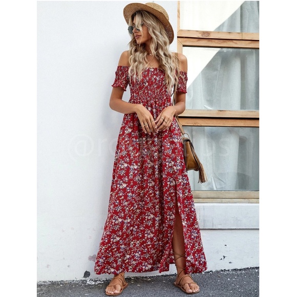 Floral Off Shoulder Burgundy Shirred Top Maxi Dress Leg Slit Flowy Short Sleeves - Picture 6 of 7